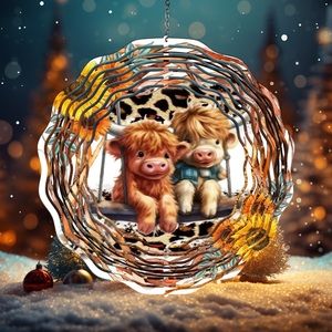 Handcrafted 8in Baby Highlander cows wind spinner
